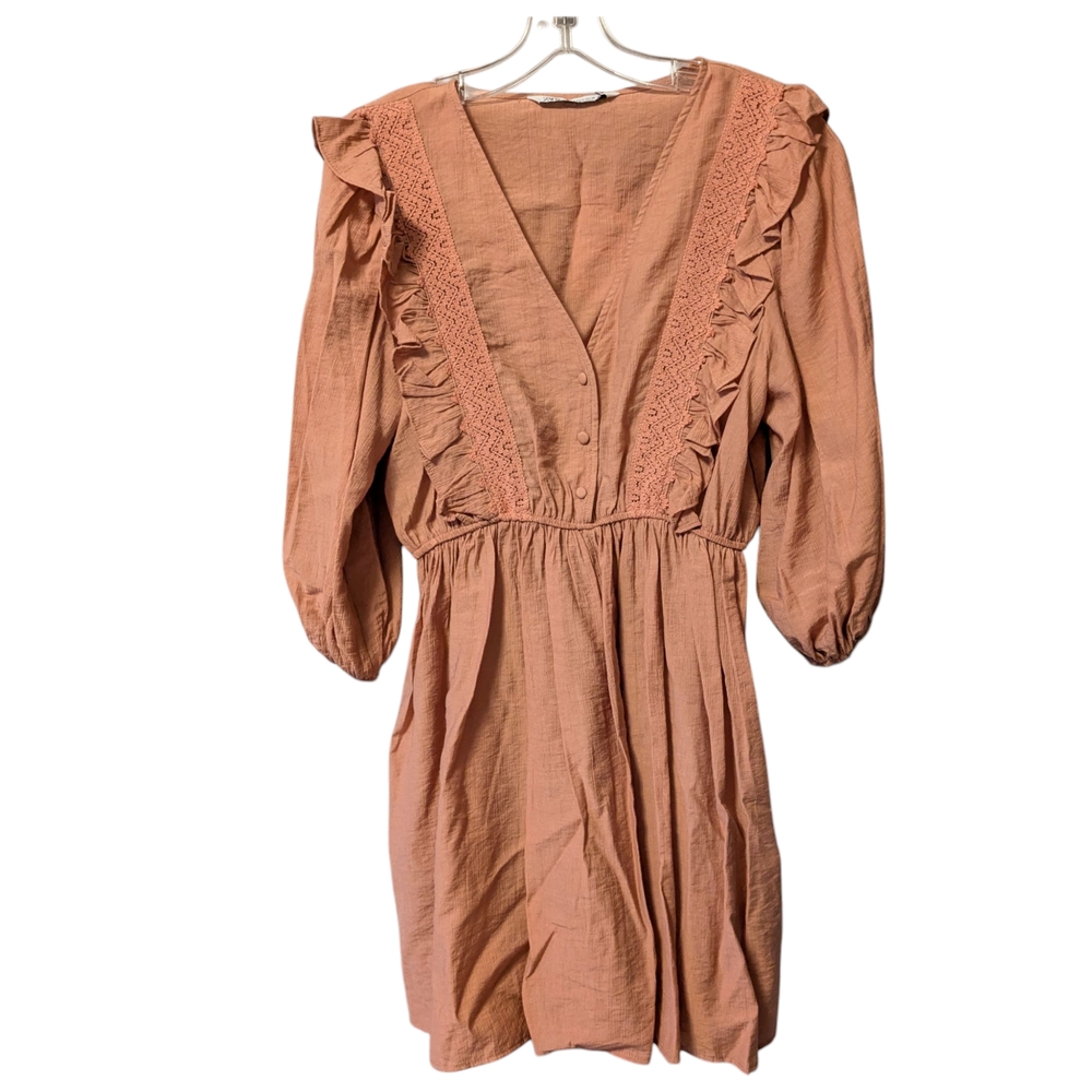 Zara Marsala Rust Pink Guipure Elegant Lace Ruffle Dress Puff Sleeves Sz S